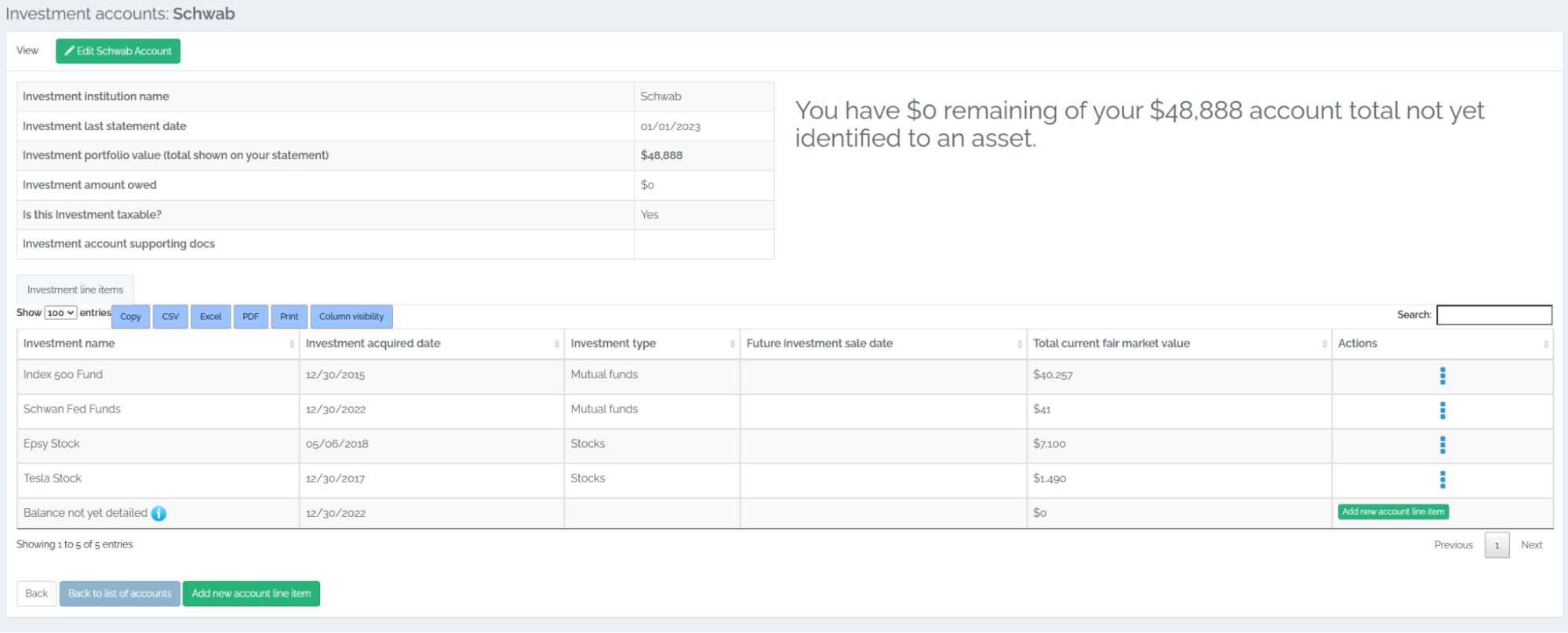 Example investment account line items