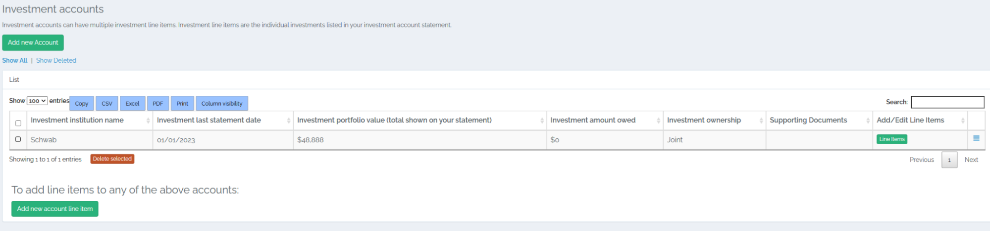 Example investment account